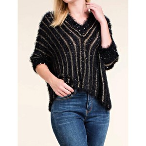 Women's Black Crop Sweater with Gold Threaded Stripe - VOCAL APPAREL - 1 of 4