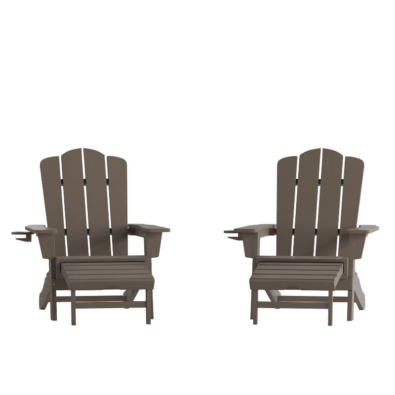Flash Furniture Newport HDPE Adirondack Chair with Cup Holder and Pull Out Ottoman, All-Weather HDPE Indoor/Outdoor Lounge Chair, Set of 2, 1 of 13
