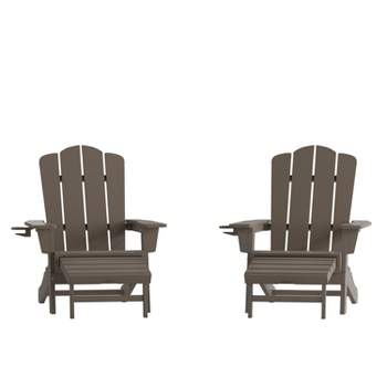 Flash Furniture Newport HDPE Adirondack Chair with Cup Holder and Pull Out Ottoman, All-Weather HDPE Indoor/Outdoor Lounge Chair, Set of 2