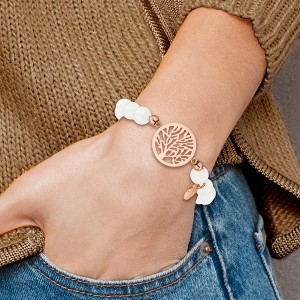 Chisel Stainless Steel Polished Rose IP-plated Tree of Life 8mm White Jade Beaded Stretch Bracelet - 1 of 4