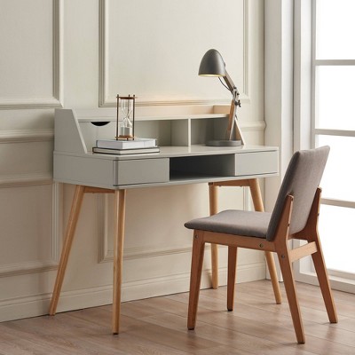 Light Gray Wooden Writing Desk with Hutch and Drawers