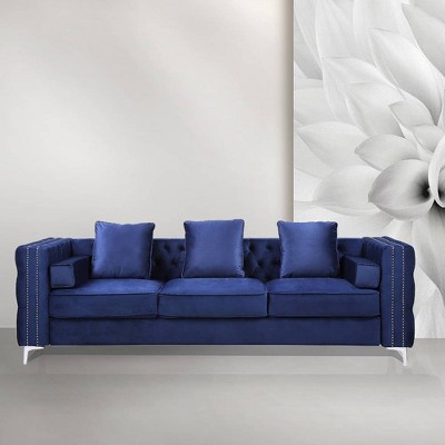 88'' Luxe Blue Velvet Tufted Sofa with Nailhead Trim & Ottoman