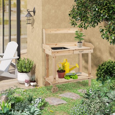 Natural Wood Potting Bench with Sink, Drawer, and Wheels
