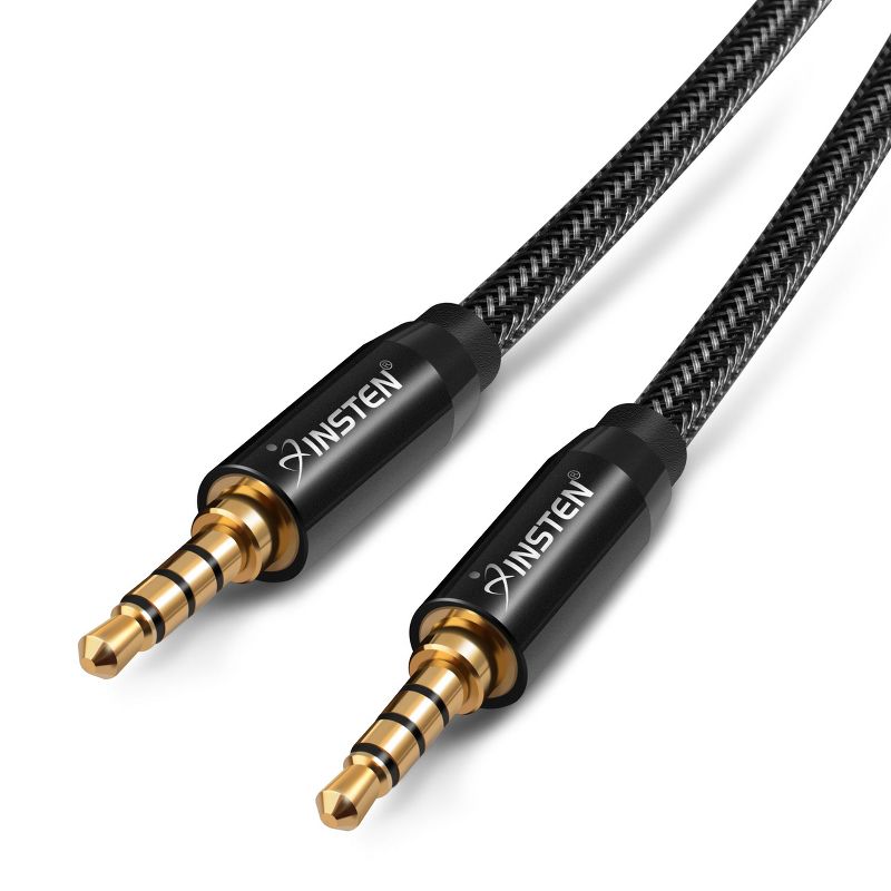 Insten 3.5mm Audio Cable, Male to Male, TRRS Stereo with Microphone, Nylon Braided Jacket, 3 Feet, Black, 1 of 8