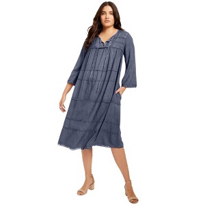 June + Vie by Roaman's Women's Plus Size Acid Wash Peasant Dress - 1 of 4