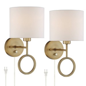 360 Lighting Amidon Modern Wall Lamps Set of 2 Warm Brass Metal Plug-in 8" Light Fixture White Fabric Drum Shade for Bedroom Reading Living Room House - 1 of 4