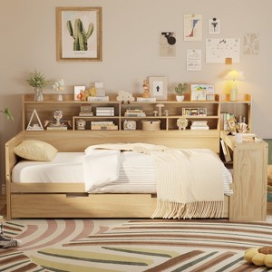 Kumasinova Versatile Twin/Full Size Daybed with Twin Size Trundle,Storage Shelves & Study Desk,Wooden Slatted Platform Bed Frame with 550lbs Max - 1 of 4