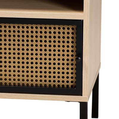Felton Two-Tone Black Gold Metal and Light Brown Wood End Table with Storage