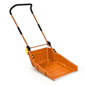 Costway 24'' Folding Poly Snow Shovel Snow Pusher w/Wheels U-Shape Handle - 1 of 4