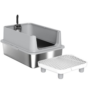 Kumasinova Stainless Steel Cat Litter Box with Scoop & Sand Drop Pedal,High Sides Odor-Resistant Pet Litter Box for Big Cats,Gray/Silver - 1 of 4