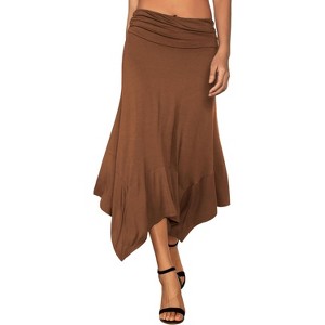 Women's Flowy Handkerchief Hem Midi Skirt - Asymmetric Boho Chic A-Line Skirt Brown - 1 of 4