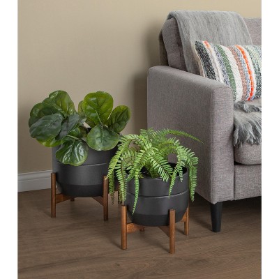 Dolbry Mid-Century Black and Walnut Freestanding Metal Planter Set