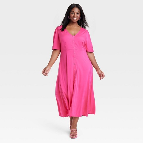 Women's Short Sleeve Button-front Shirtdress - Ava & Viv™ Pink 2x : Target