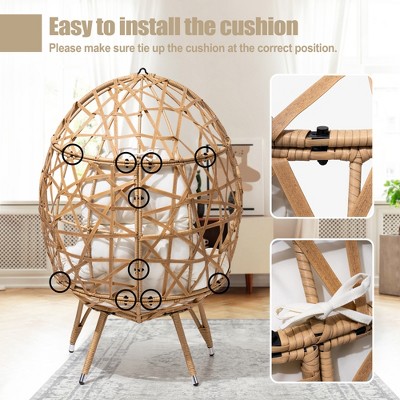 Beige Wicker Egg Chair with Metal Frame and Cushions