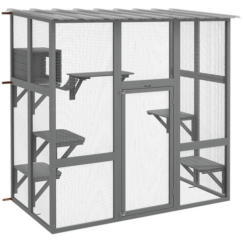 PawHut Catio, Outdoor Cat Enclosure Window Box Wooden Cat House w/ Weather Protection Roof for 2 Kitties with Resting Box, Platforms & Bridge - image 1 of 4