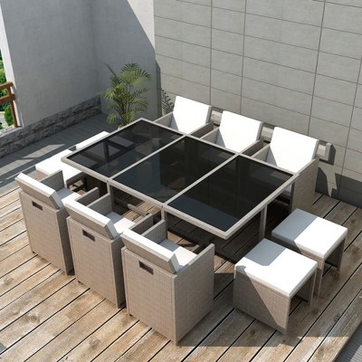 vidaXL Outdoor Dining Set Grey/Beige Powder-Coated Steel, PE Rattan, Glass