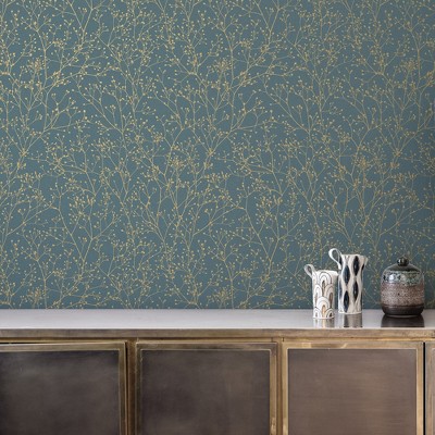 Clarissa Hulse Airforce Blue and Soft Gold Botanical Wallpaper Sample
