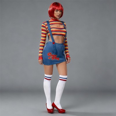 Joyfy Women's Creepy Doll Costume Complete Set with Red Wig & Prop | Killer Doll Outfit with Crop Top, Skirt, Socks for Halloween Cosplay