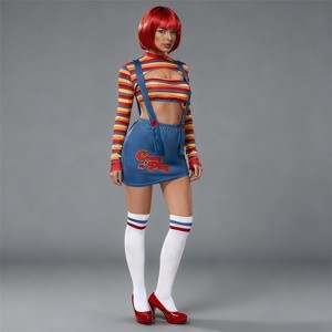 Joyfy Women's Creepy Doll Costume Complete Set with Red Wig & Prop | Killer Doll Outfit with Crop Top, Skirt, Socks for Halloween Cosplay - 1 of 4