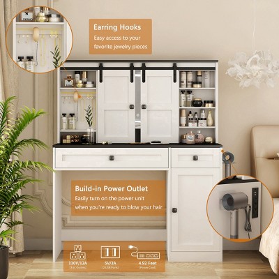 Vanity Desk Farmhouse with LED Mirror and Power Outlet for Bedroom 43.30in Wide-3irtyhousy