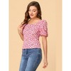 Allegra K Women's Puff Sleeve Square Neck Peasant Floral Blouse - 3 of 4