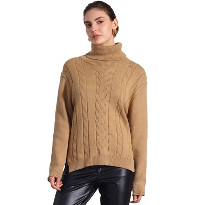 Allegra K Women's High Low Split Long Sleeve Turtleneck Cable Knit Sweater Jumpers