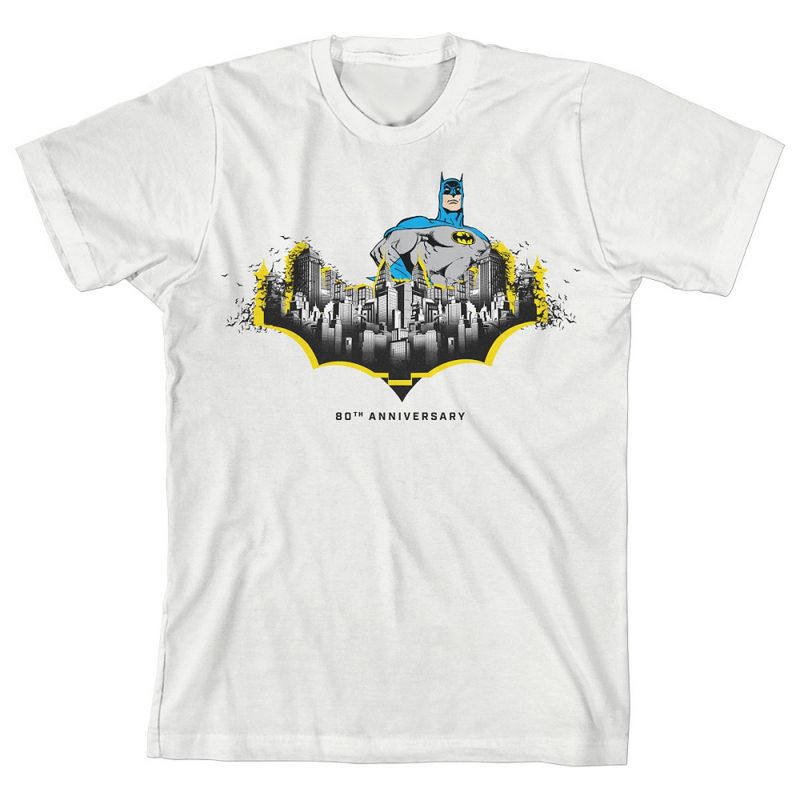 Batman Gotham City Bat 80th Anniversary White T-shirt Toddler Boy to Youth Boy, 1 of 3