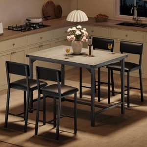 Nasitip 5-Piece Bar Table Set with 4 Upholstered Chairs, 400LB Capacity, Industrial H-Frame Design, Black/Brown/Gray - 1 of 4