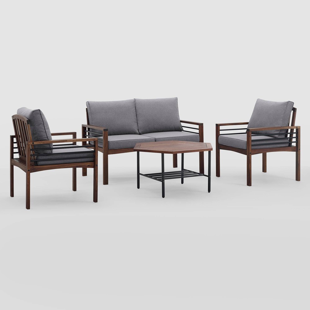 Saybrook 4pk Outdoor Modern Metal & Wood Chat Set – Gray/Dark Brown – Saracina Home For Sale