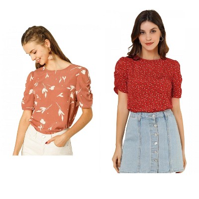 Allegra K Women's Floral Summer Crew Neck Casual Shirred Short Sleeve Blouse 2 Pcs