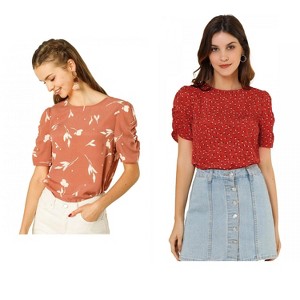 Allegra K Women's Floral Summer Crew Neck Casual Shirred Short Sleeve Blouse 2 Pcs - 1 of 4