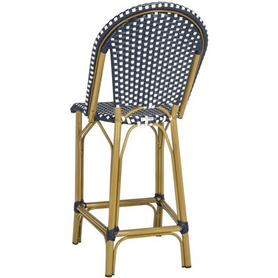Navy and White French Bistro-Inspired Counter Stool with Wicker Accents