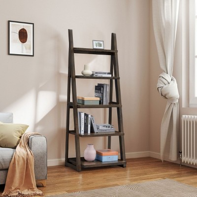 5-Tier Ladder Wooden Bookshelf,Storage Bookcase with Rubber Wood Frame,Freestanding Leaning Bookcase for Living Room, Bedroom-Baofuwish