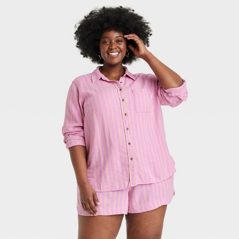 Pink striped button up hot sale shirt