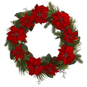 Nearly Natural 36” Poinsettia and Pine Wreath - 1 of 1