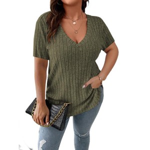 Women's Plus Size V Neck Tops  Casual Color Shirts Lightweight Short Sleeve Blouses - 1 of 3