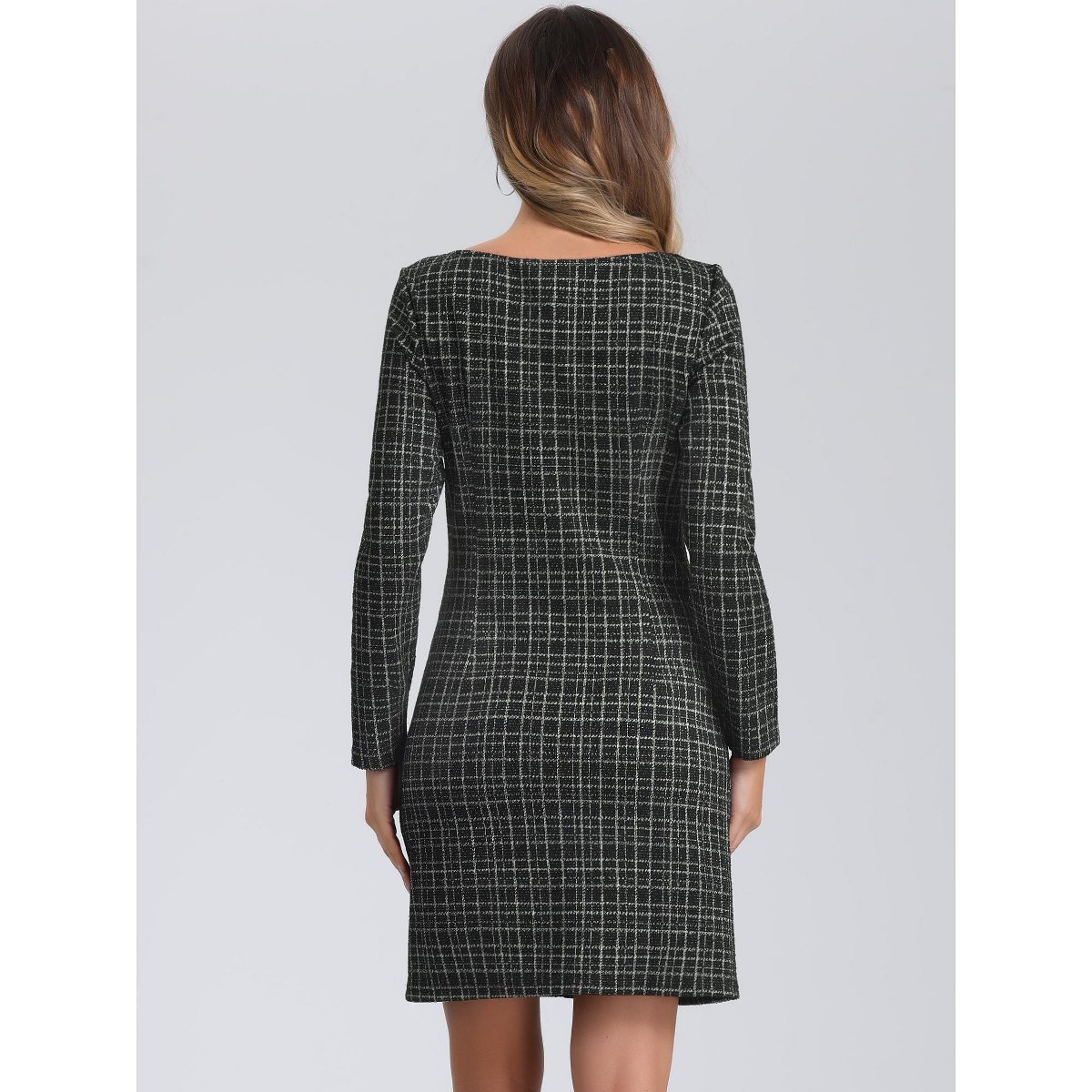 Женские платья INSPIRE CHIC Women's Tweed Long Sleeves Square Neckline Knee Length Dresses Large Black — фото 3