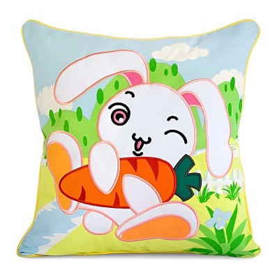 Slickblue Bunny & Carrot Embroidered Pillow Cushion - Decorative Floor Cushion, 19.7x19.7 inches, Cotton Canvas