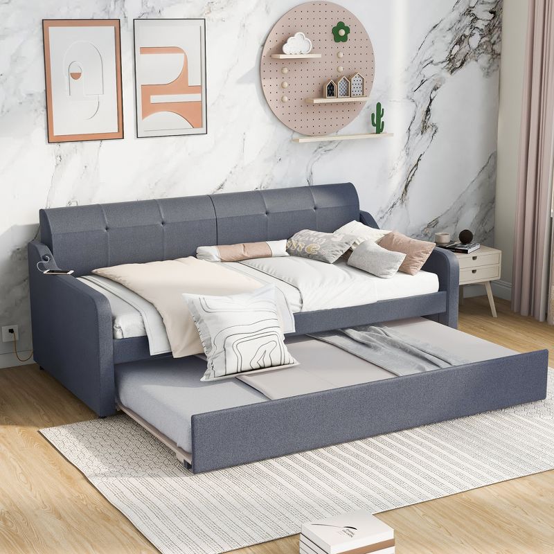 Twin Size Upholstery Daybed with Adjustable Trundle Bed and USB Port-ModernLuxe, 1 of 12