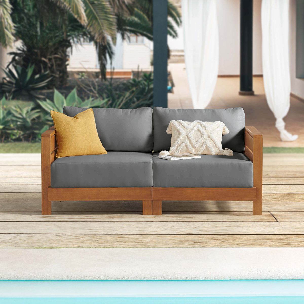 Alaterre Furniture Barton Outdoor Patio Loveseat - Weather-Resistant Eucalyptus Wood Outdoor Loveseat with Thick Gray Cushions (Natural) - thumbnail 2