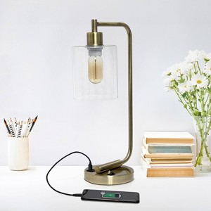 Creekwood Home Vintage Vantage 18.8" Curved Arm Desk Lamp with Glass Shade and USB Ports - 1 of 4