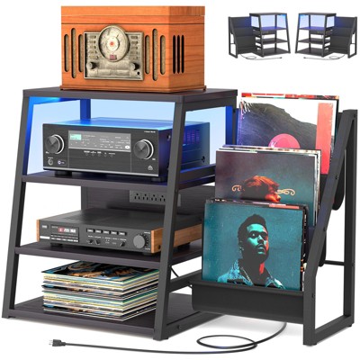 Aheaplus 4-Tier Stereo Rack Cabinet with Side Shelves for Record Storage, Turntable Console Stand with LED Lights