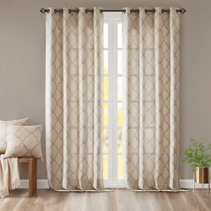 VYNXARIA 50x84" Fretwork Print Grommet Top Window Curtain Panel,Beige+Grey(Single Panel) - 1 of 4