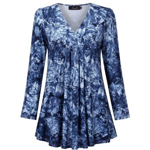 Women's Plus Size Long Sleeve V Neck Tunic Tops Pleated Flowy Tee Shirt Causal Loose Blouse, Navy Tie Die, 2XL - 1 of 4