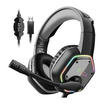 EKSA RGB LED Lit Plug In USB Gaming Headset for PC, Xbox, iMac, PS4, and PS5 with Flip Up Microphone and 50mm Speaker Driver, Gray