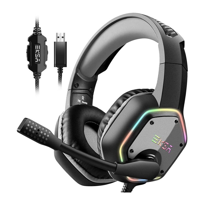 EKSA RGB LED Lit Plug In USB Gaming Headset for PC, Xbox, iMac, PS4, and PS5 with Flip Up Microphone and 50mm Speaker Driver, Gray, 1 of 7