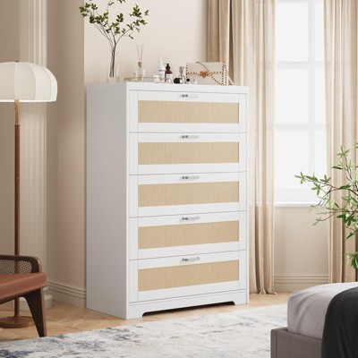 Rattan 5 Drawer Dresser Tall with Charging Station, White 5 Chest of Drawers Organizer Nightstand with Power Outlet for Bedroom Living Room Nursery