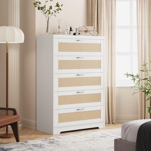 Rattan 5 Drawer Dresser Tall with Charging Station, White 5 Chest of Drawers Organizer Nightstand with Power Outlet for Bedroom Living Room Nursery - 1 of 4