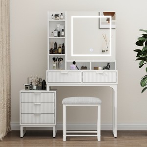 Vanity Desk with Mirror and Lights, Makeup Vanity Desk with Sliding Lighted Mirror, Dressing Table Set with 4 Drawers, Cushioned Stool - 1 of 4