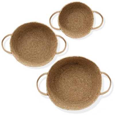 Set of 3 Natural Seagrass Round Storage Baskets with Jute Handles